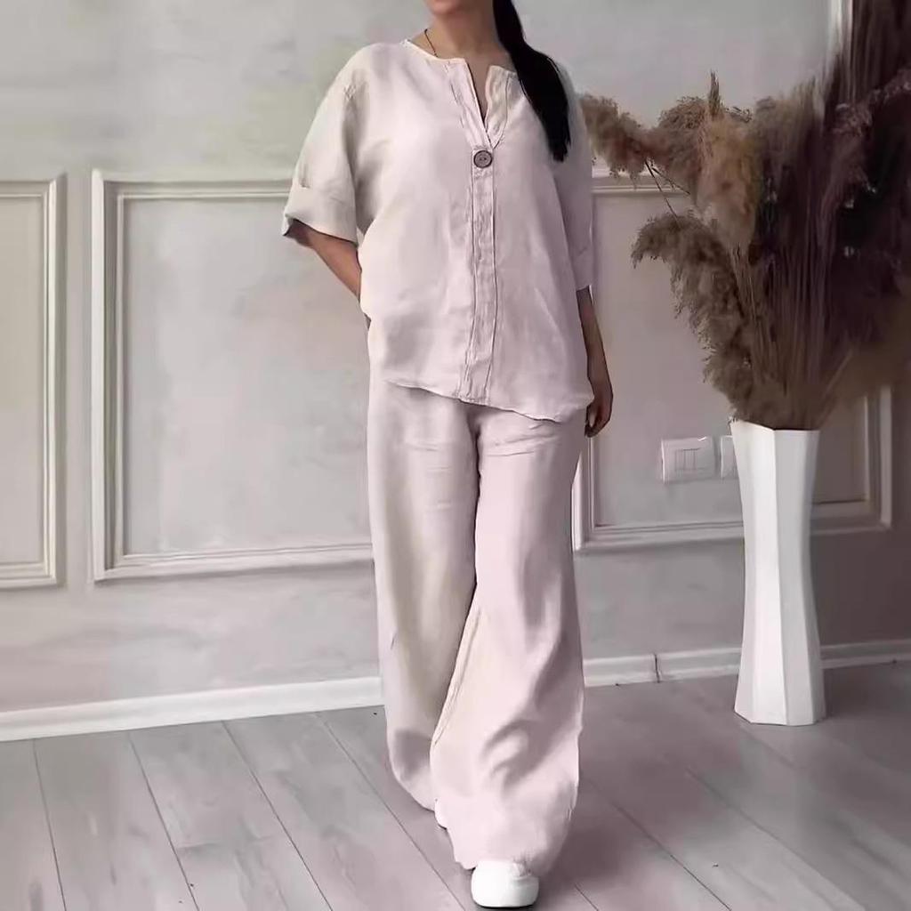 2026 Fashionable European-American Women's Cotton Linen Set: Comfortable Loose Top & Wide-Leg Pants