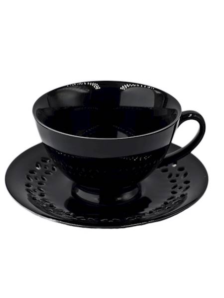 BLACK CERAMIC CUP 260ml WITH OPENWORK SAUCER FOR COFFEE AND TEA