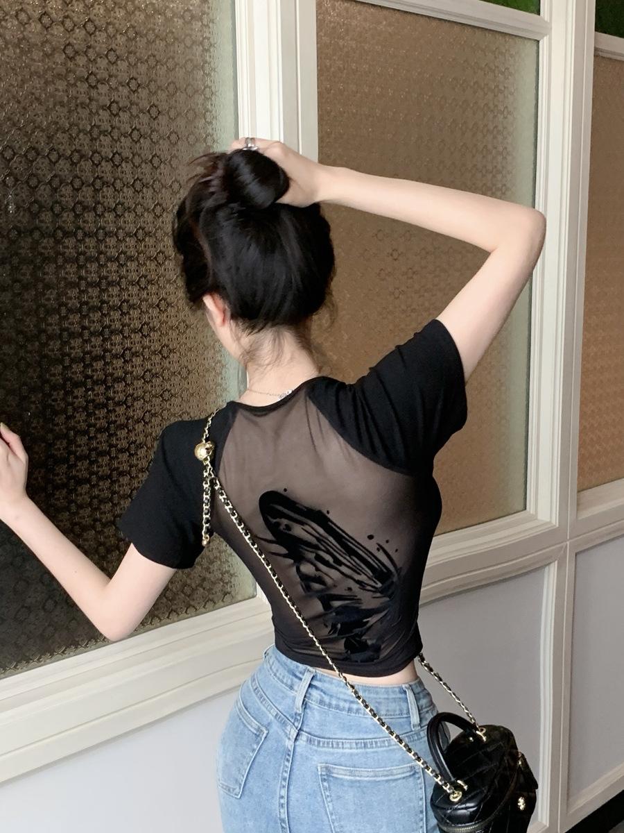 Pure desire Spice Girl sexy backless short top women s summer hollow back short sleeve chic beautiful mesh shirt S чёрный