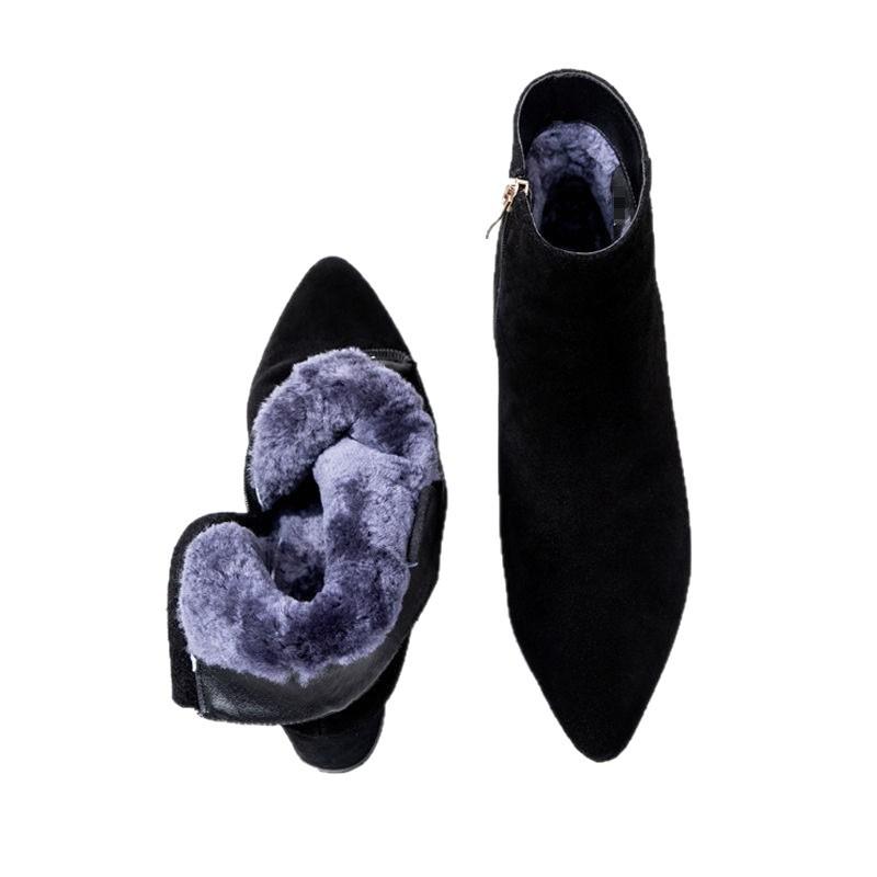 Warm velvet thickened short boots women's autumn new fashion women's boots versatile pointed high heel thick heel Martin boots