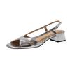 French Open-toed Thick-heeled Sandals Women's 2025 Summer New Rear Strap Square Head Gold and Silver Versatile Rear Empty High Heels