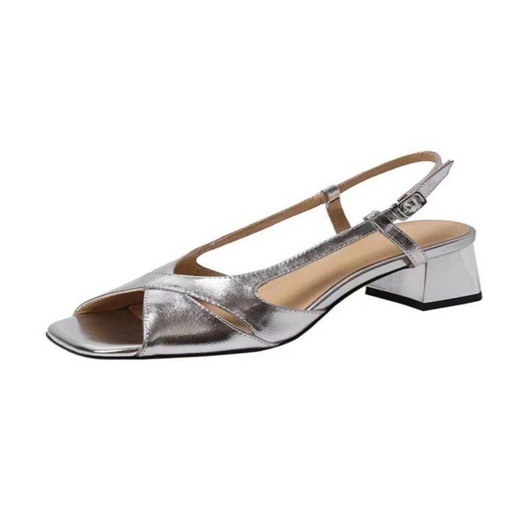 French Open-toed Thick-heeled Sandals Women's 2025 Summer New Rear Strap Square Head Gold and Silver Versatile Rear Empty High Heels