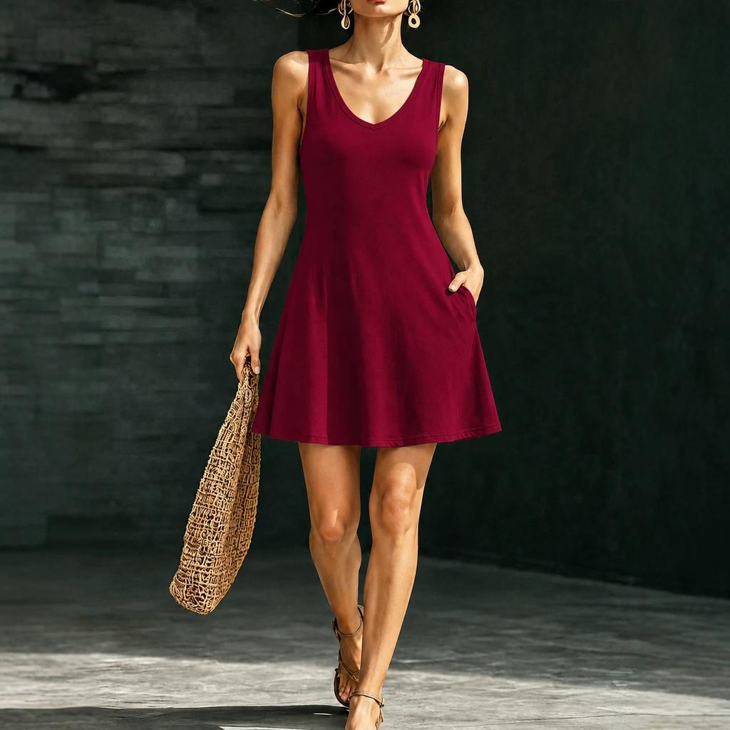 European and American women's clothing sleeveless V-neck A-shaped pendulum slim-fit vest skirt with pockets and thin holiday dress