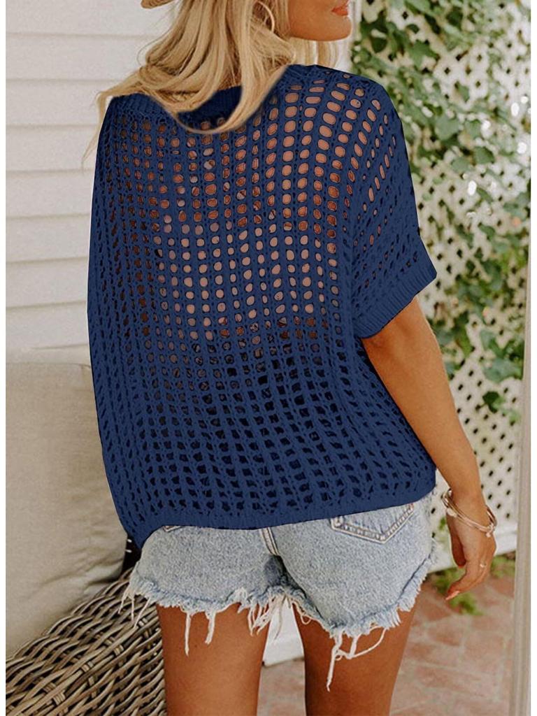 2025 Summer Women's Five-Sleeve Sexy Cutout Knit Beach Cover-Up Sweater