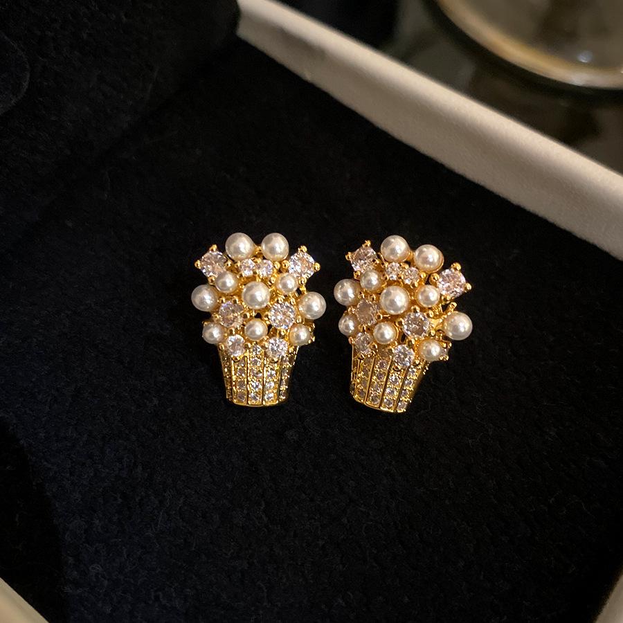 K real gold electroplated silver needle zircon pearl flower basket earrings cold wind versatile earrings light luxury high-end earrings