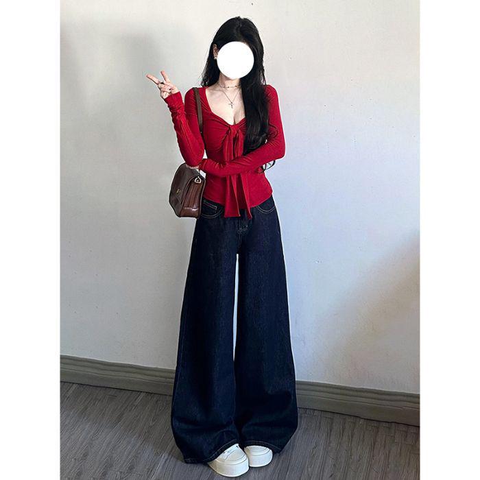 Women's Dark Blue High Waist Wide Leg Jeans - Retro, Slimming, Floor-Length