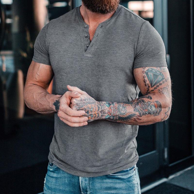 Mens Summer Casual Solid Short Sleeve Henley T Shirt