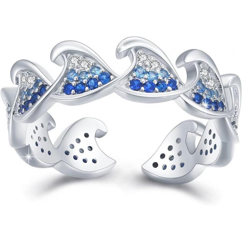 Fashionable Women s Rhinestone Zirconia Wave Ring - Elegant Sea-Inspired Design Adjustable Open Size