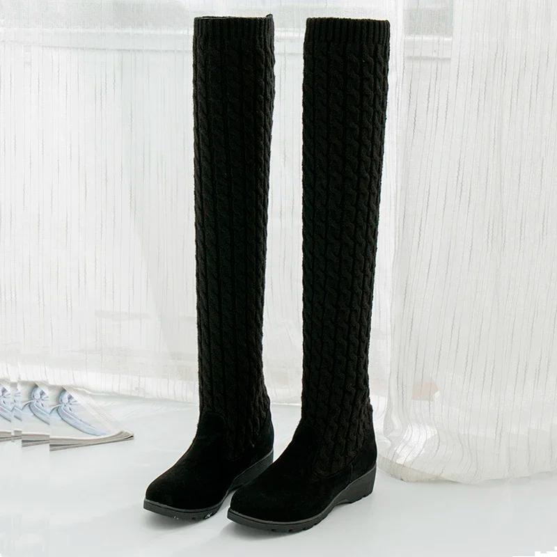 Damen Sockenstiefel 2024 Frühling Herbst Oberschenkelhohe Stiefel Frau Strick Webwolle Lange Stiefel Über Knie Elastische Stiefel Keile Bottes
