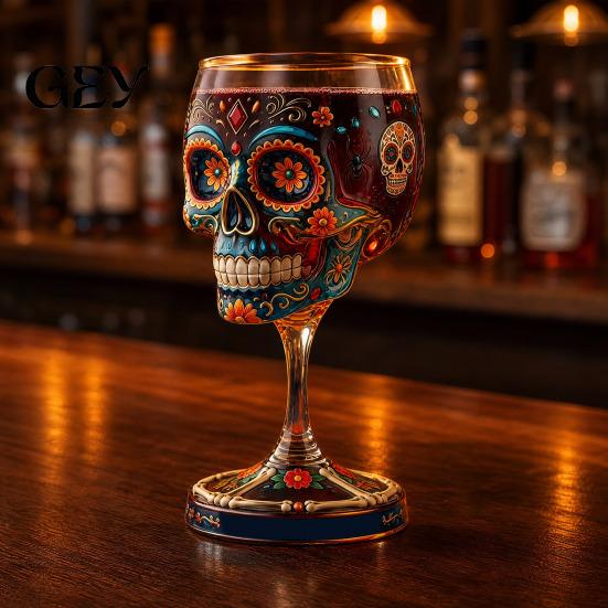 Gothic Skull Wine Chalice Glass, Hand Painted Skeleton Goblet, Day Halloween Glass Decoration of The Dead Decor, Unique Bar Gift for Themed