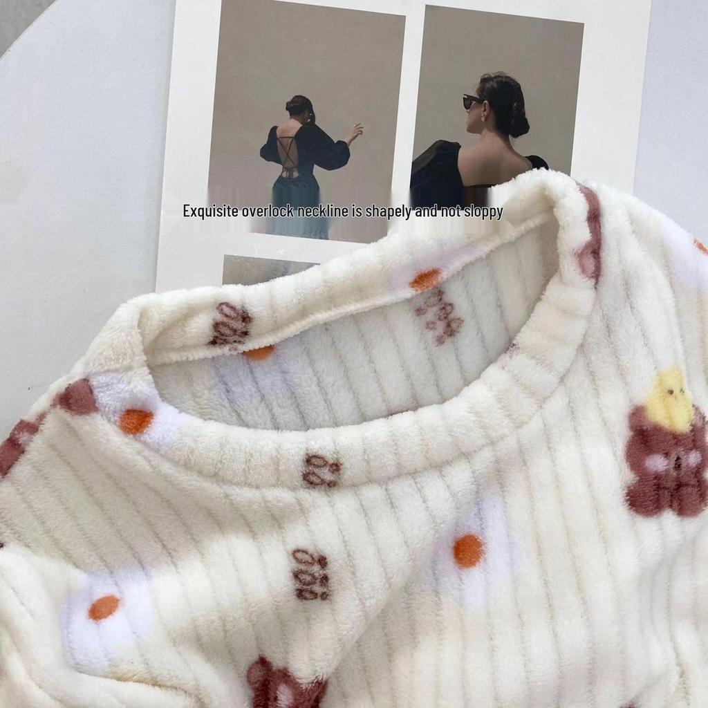 Women's Flannel Two-Piece Pajama Set: Round Neck, Loose Long Sleeve, Double-Sided Fleece Homewear.