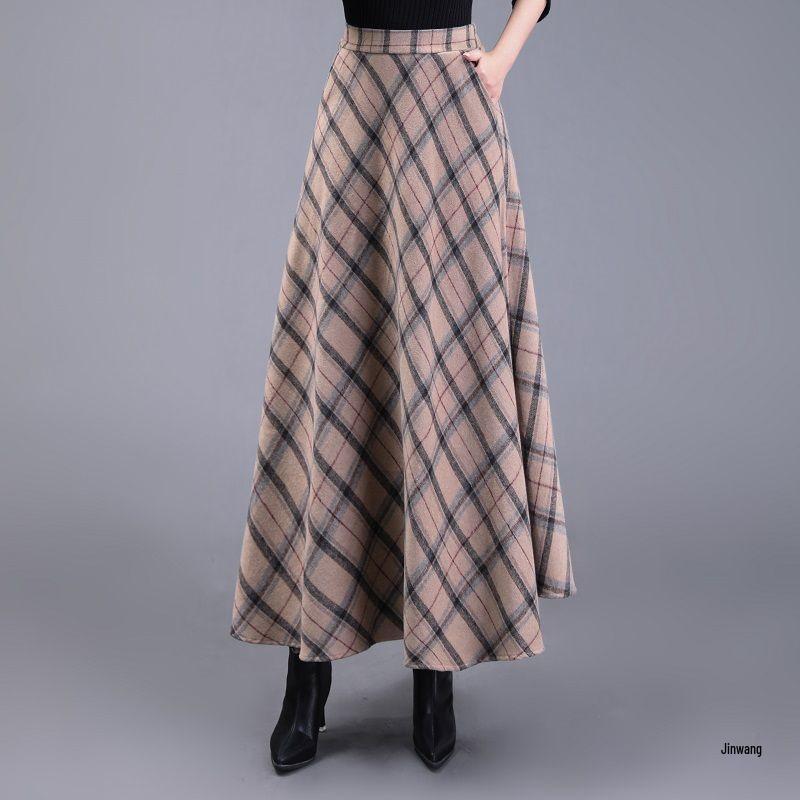 Fustă lungă retro cu carouri, pentru toamnă-iarnă, cu tiv de umbrelă, pentru siluetă pară