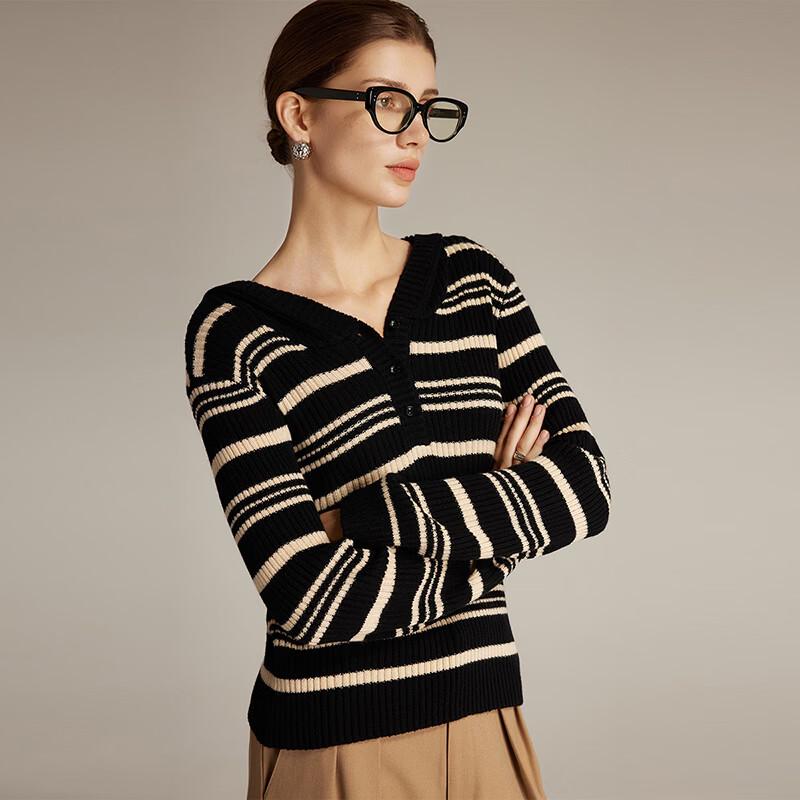 Women's Retro Color Block Ribbed Hooded Knit Sweater