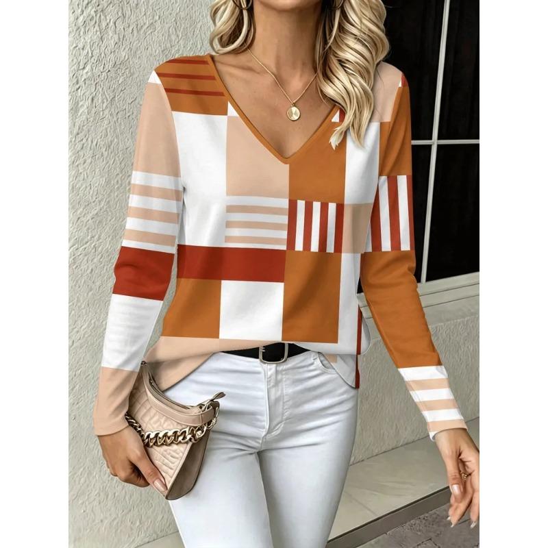 Women's Autumn 3D Printed V-Neck Long Sleeve T-Shirt