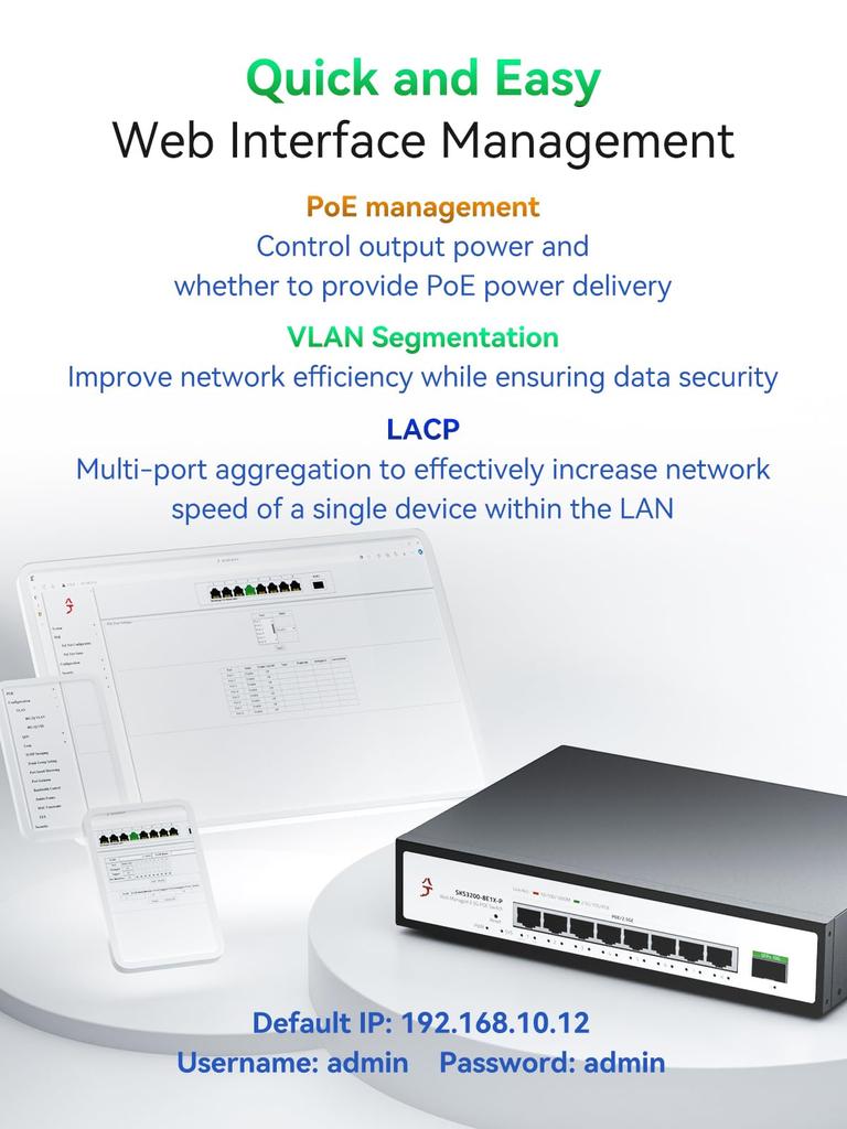XikeStor 9 Port PoE Hub WEB Management Switch PoE Power 8 Port 1 Port 10G Security Security Camera AP VLAN Aggregation Splitter Hub Support 2.5G +