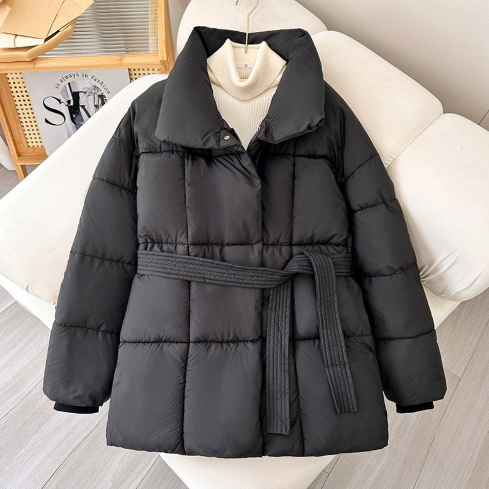 Women's Stand Collar Long Sleeve Raglan Sleeve Coat Loose Fit Casual Puffer Jacket with Waist Belt for Winter Wear