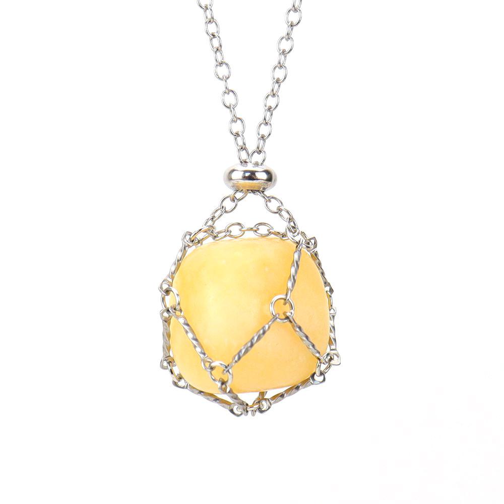 Stainless Steel Metal Bamboo Braided Mesh Prison Cage Pendant Natural Crystal Rough Stone Necklace Adjustable N700