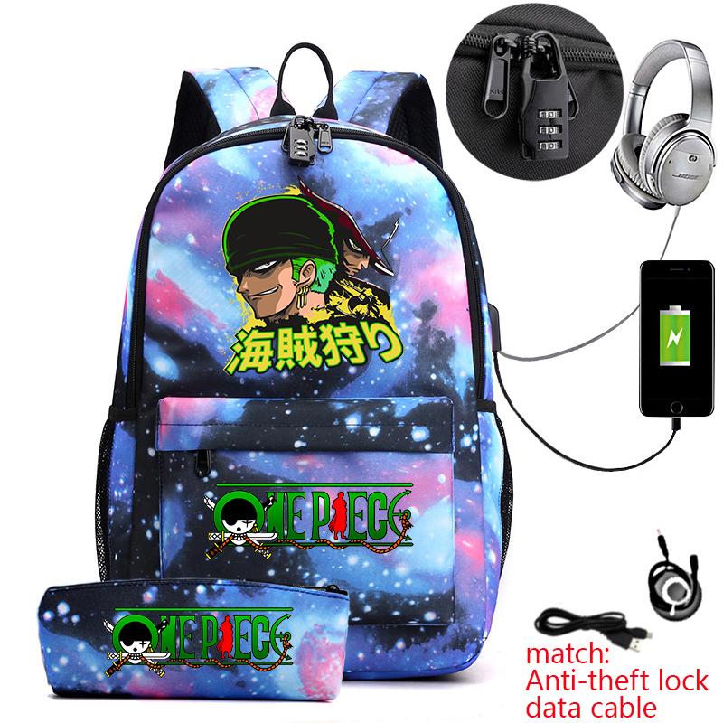 One Piece Zoro Print Anti Theft School Backpack Student Bookbag with Pen Case for Kids Teens