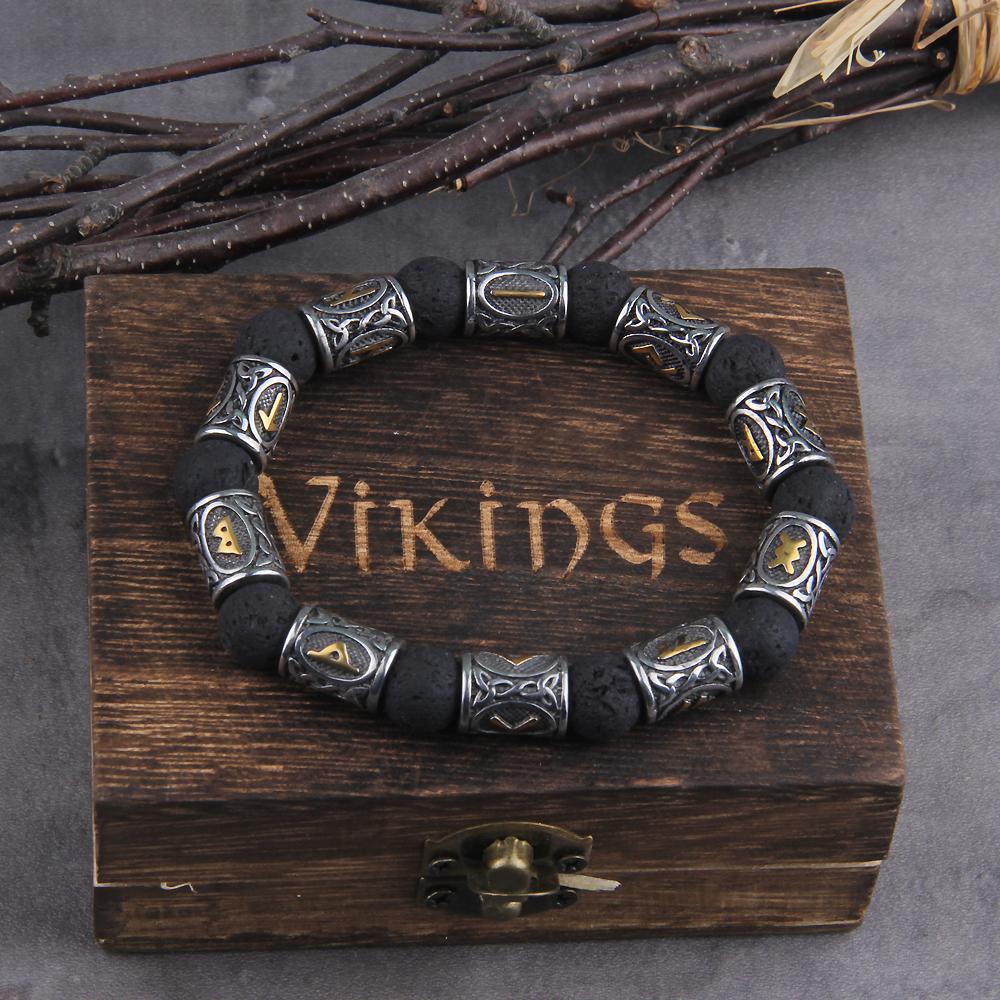 Volcano Lava Stone Beads Stainless Steel Runes Beads Men Bracelet Viking Rune Bracelet with Wooden Box