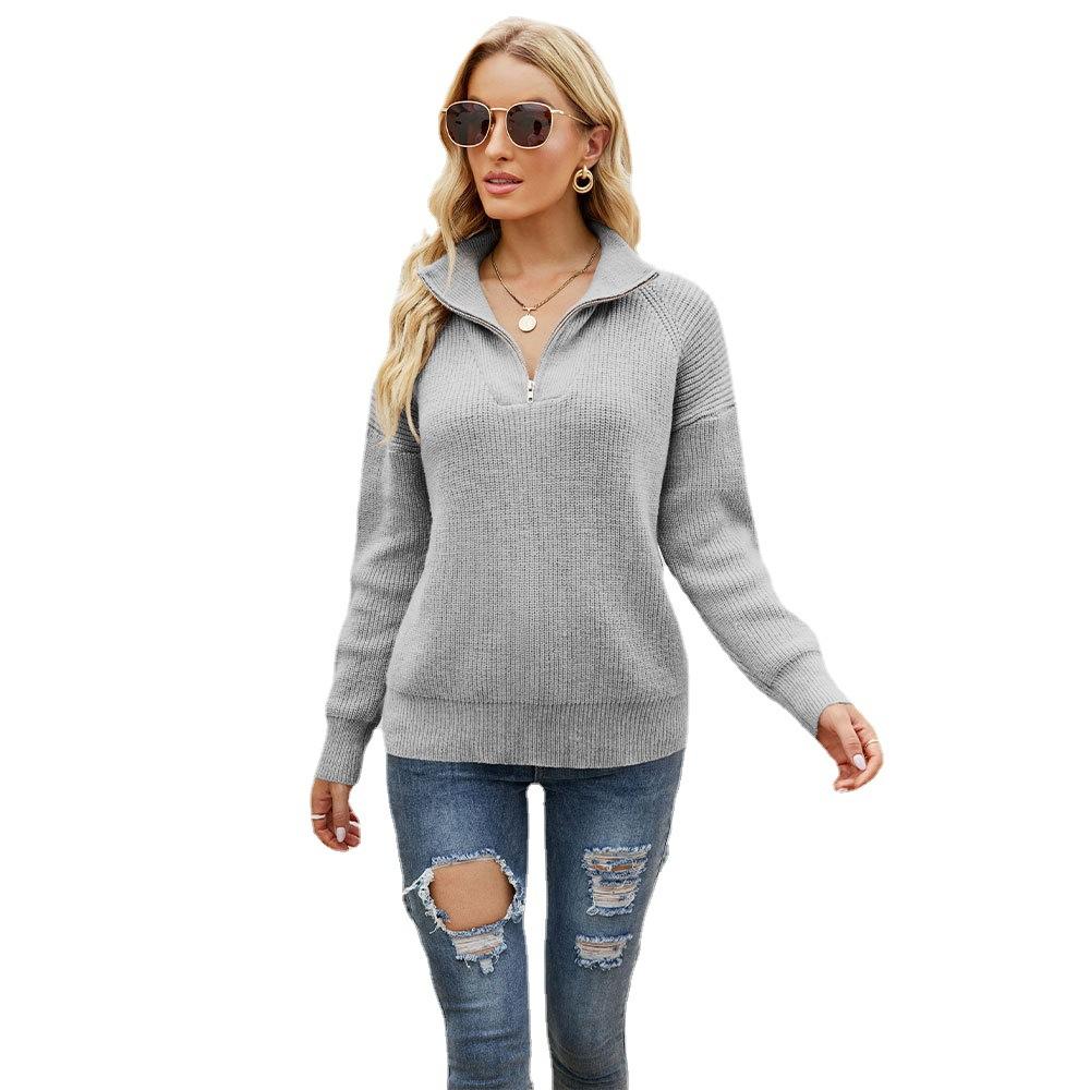 Autumn and winter women's fashion striped color blocking knit sweater long sleeve zipper lapel sweater