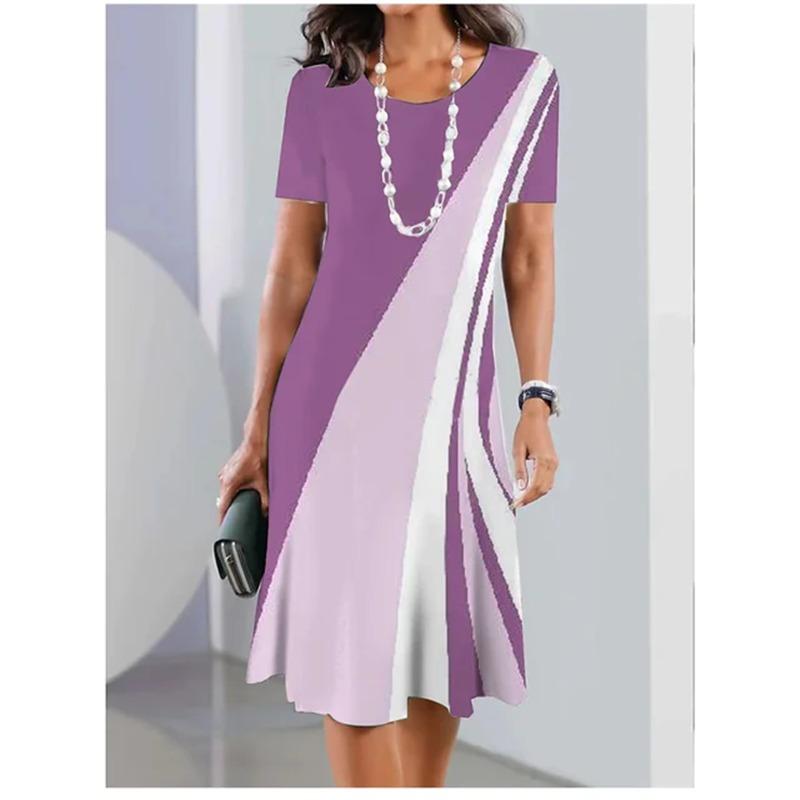 Street Casual Summer Women Dress Plus Size Stripe Splicing Print Short Sleeve Loose A-Line Dress