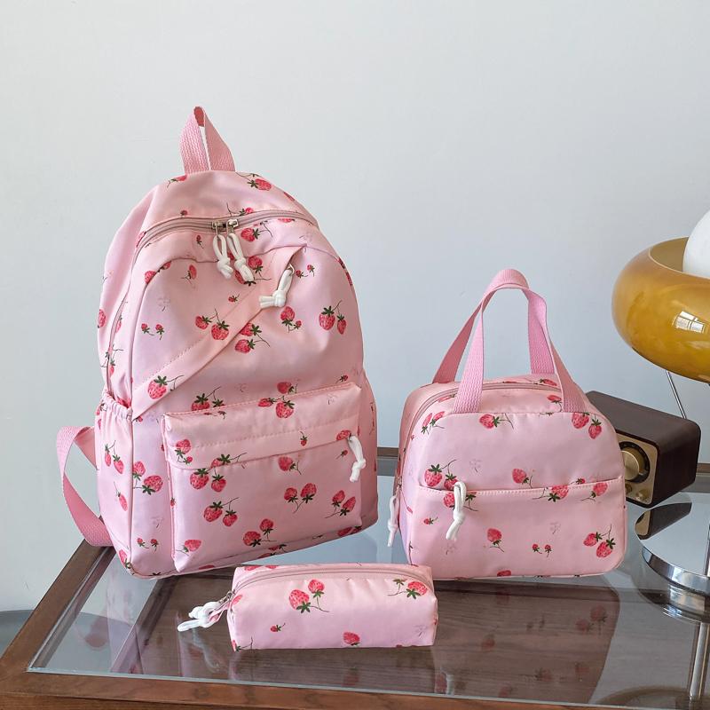 Fashionable Cute Strawberry Backpack Set 3Pcs Handbag&Pen Pouch Quilted Nylon Women's Dual Zipper Campus Commute Essentials