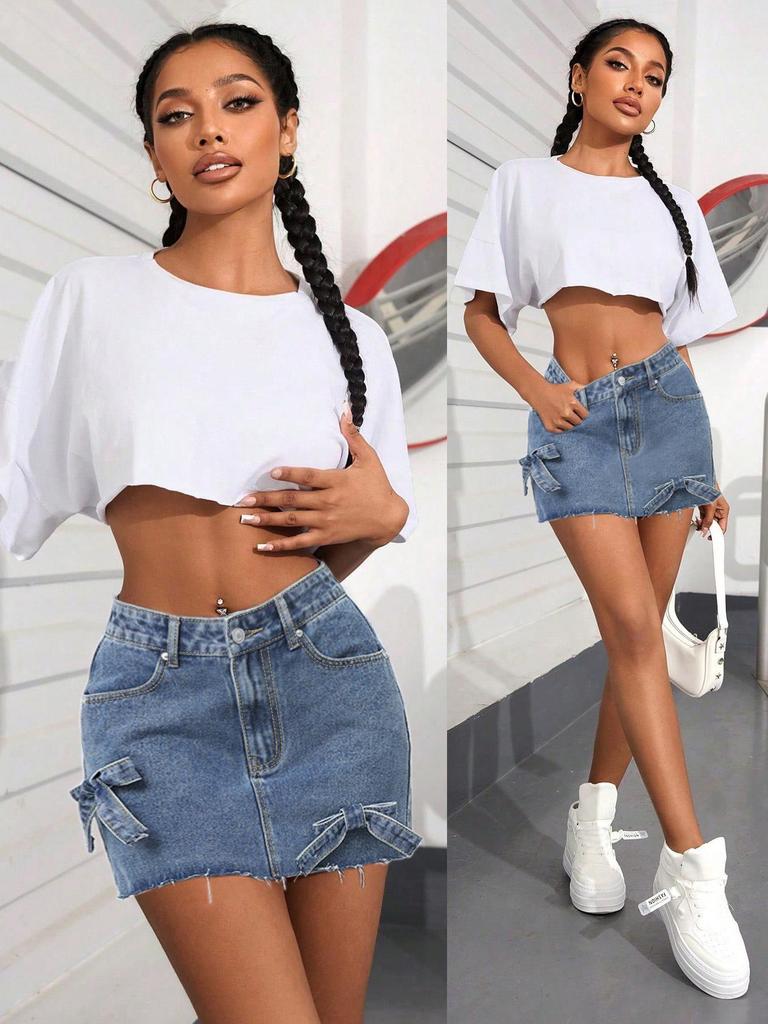 European & American 3D Bow A-line Denim Mini Skirt