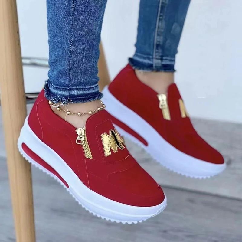 Vulcanized Shoes for Women Side Zipper Platform Tennis Female Sneakers Flat Shoes Solid Pu Leather Non Slip Shoe Chaussure Femme