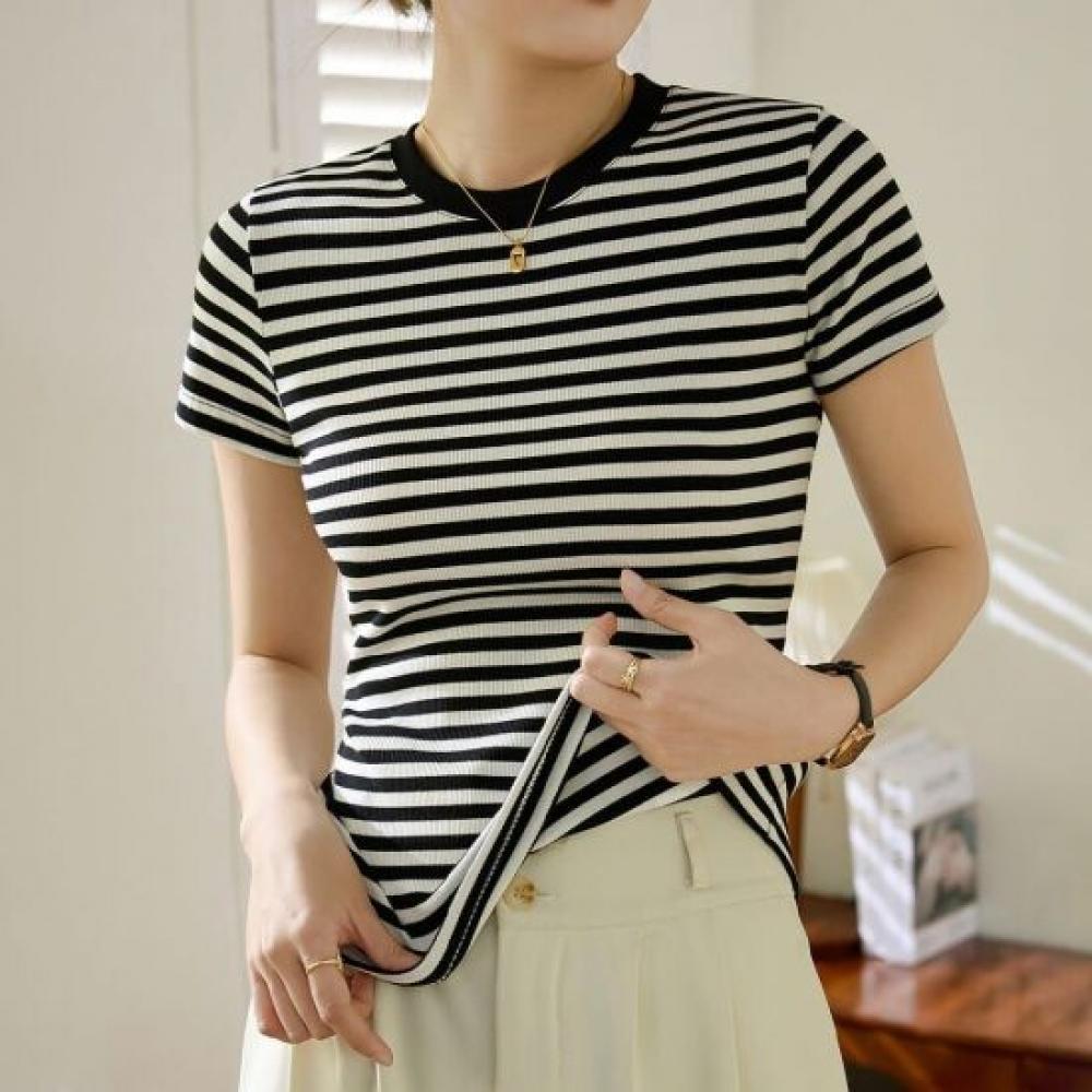 Navava NT3345 Women S caSual Daily STriped Round Neck ShorT Sleeve T ShirT