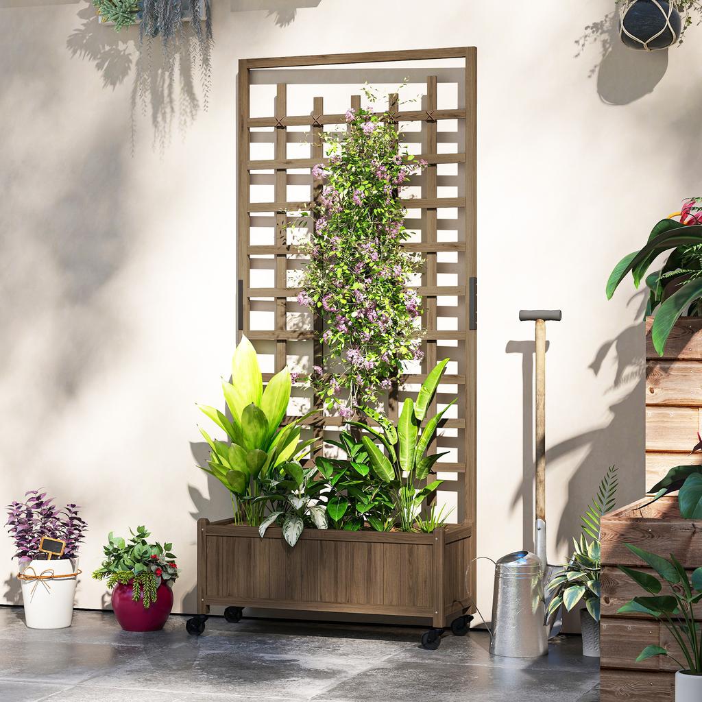Wooden Trellis Planter Raised Garden Bed With Wheels To Climb And Grow Vegetables Herbs And Flowers Brown