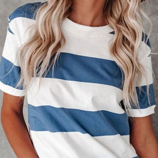 T-shirt ample à manches courtes et col rond pour femmes, rayé bleu et blanc imprimé, blouse d'été streetwear