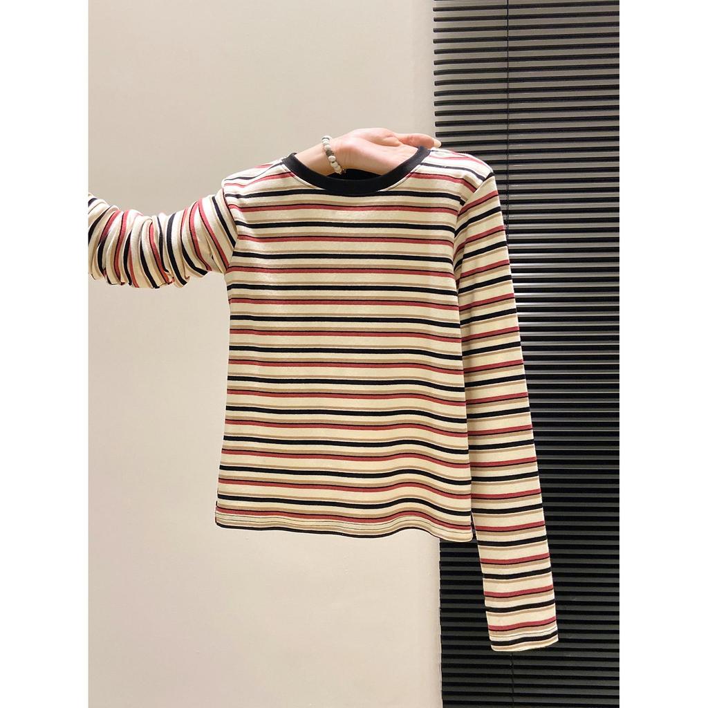 Women's Slim Fit Color Block Stripe Long Sleeve T-shirt - American Design for Spring and Autumn.