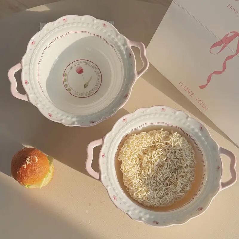 Jun Shiqi WZ Free Garden Ceramic Double-Handled Noodle Bowl Set 2-Piece Double-Handled Noodle Bowl