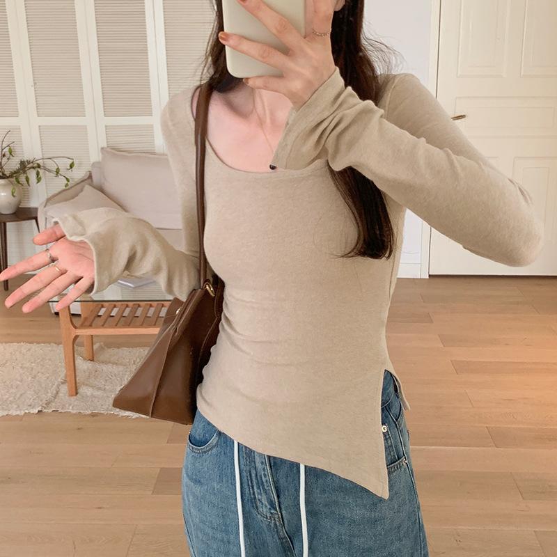 Korean Style Simple Pure Desire Square Round Neck Long-sleeved T-shirt Women's Autumn Waist Slit Top Slim-fit Bell-sleeved Bottoming Shirt