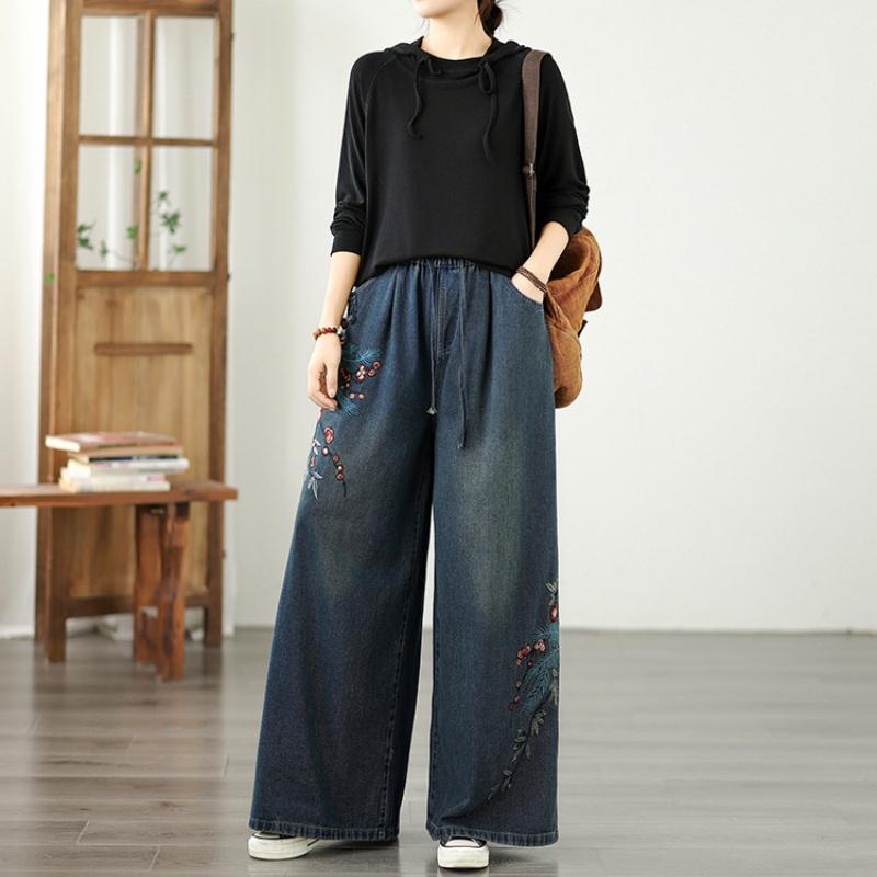 Plus Size Vintage Floral High Waist Casual Loose Women Spring Summer Autumn Jeans Denim Wide Leg Pants