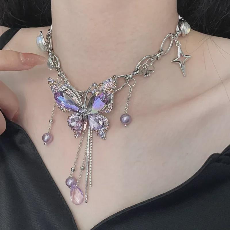Elegant Purple Diamond Butterfly Tassel Necklace - Trendy Sweet Cool Design