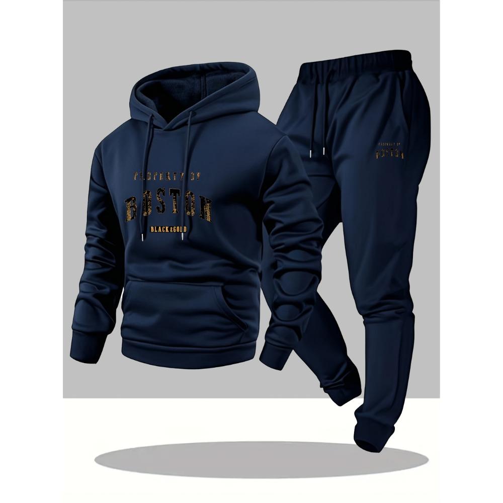 Boston Print Men's Two Piece Set, Casual Long Sleeved Hooded Sweatshirt and Sweatpants Set, Suitable for Winter and Autumn Wear, Sportswear Set