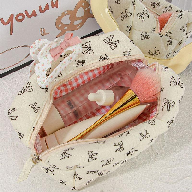 Ruffled Edge Bowknot Floral Print Makeup Bags Large Capacity Quilting Pen Bags Women Cosmetic Storage Bag Travel Wash Bag Clutch