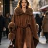 Womens Oversized Knit Cape Coat With Rabbit Fur Trim Collar Warm Fall Winter Outerwear Elegant Loose Fit