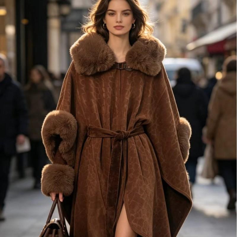 Womens Oversized Knit Cape Coat With Rabbit Fur Trim Collar Warm Fall Winter Outerwear Elegant Loose Fit
