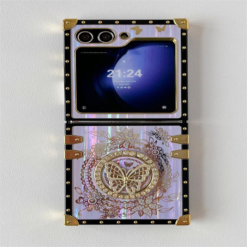 

New Japanese and Korean Models Suitable for ZFLIP6 Samsung Laser Phone Case Aurora Butterfly Stand Rhinestone Flip5 Folding Shell Z FLIP3