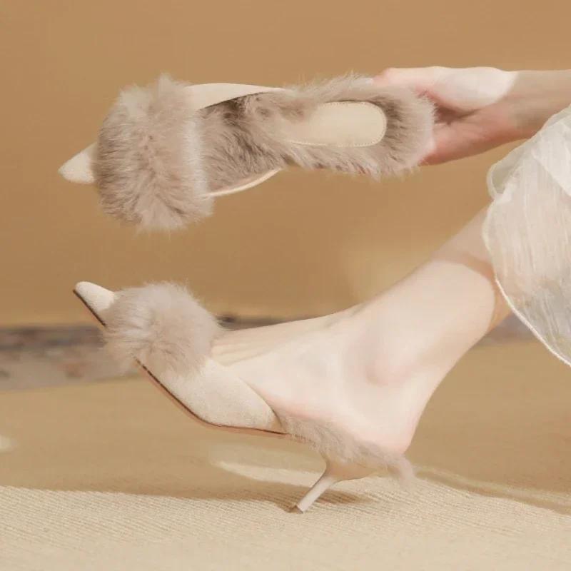 Fashion New Autumn Winter Fluffy Mules Slippers Women Pointed Toe Pumps Warm High Heels Slides Women Plush Thin Heels Slippers Female