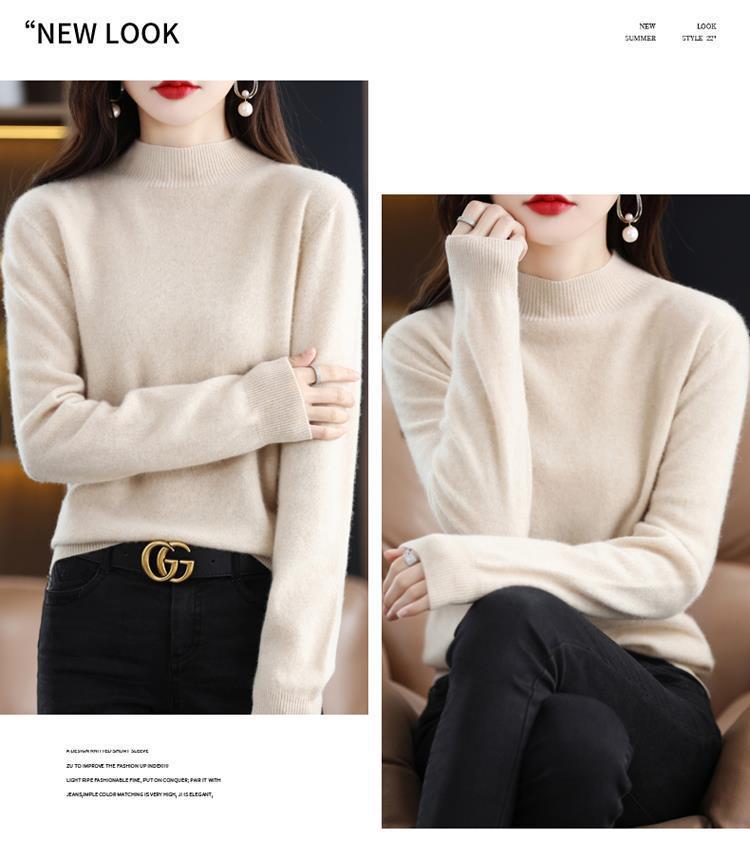 Women's 100% Wool Seamless Pullover Sweater: Autumn/Winter Half-High Neck Base Layer