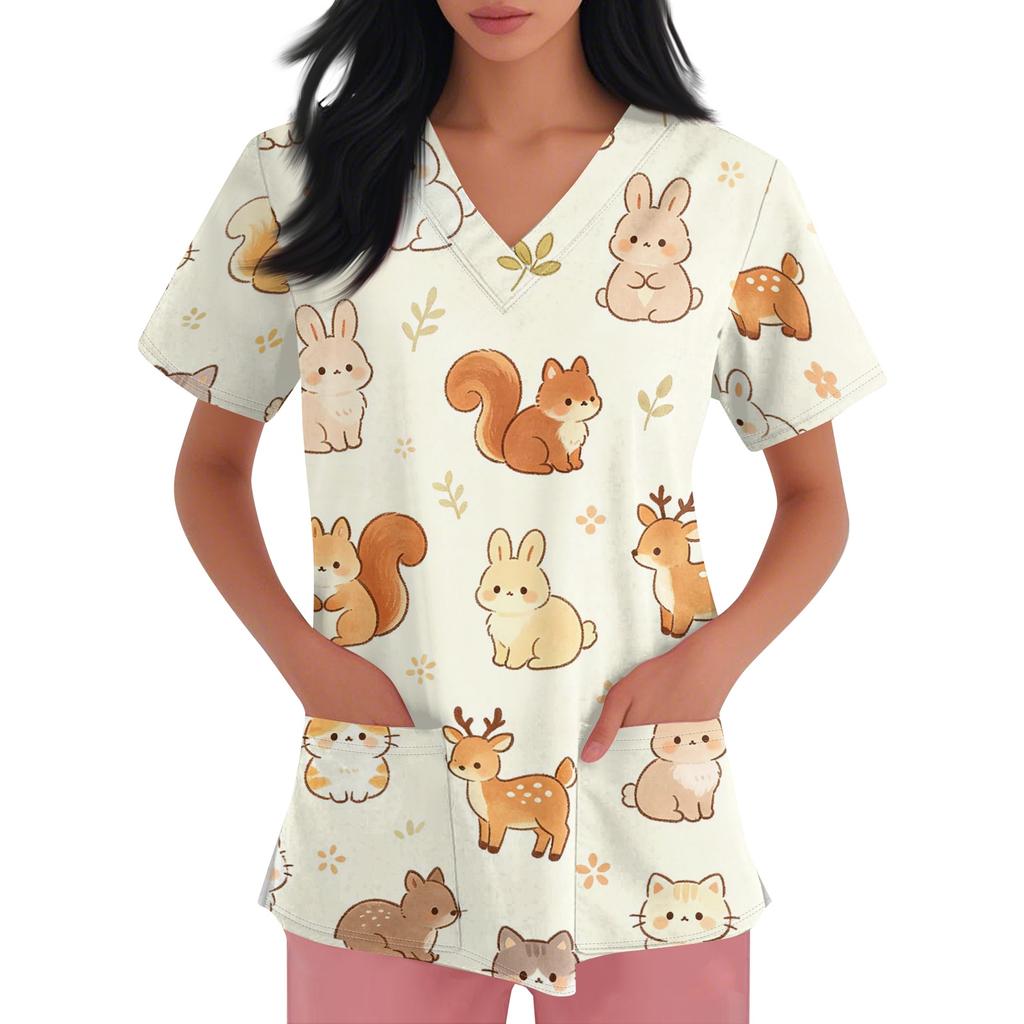 Women's V Neck Short Sleeve Work Top with Pockets Animal Print Medical Scrub Shirt for Healthcare Professionals Nursing Uniform