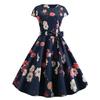 GMXIA Women's Summer Vintage Crew-neck Sleeved Waist Strap Print Swing Dress