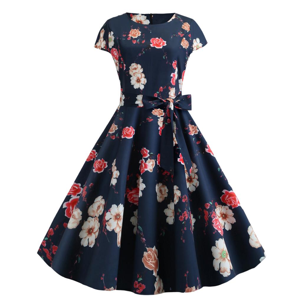 GMXIA Women's Summer Vintage Crew-neck Sleeved Waist Strap Print Swing Dress