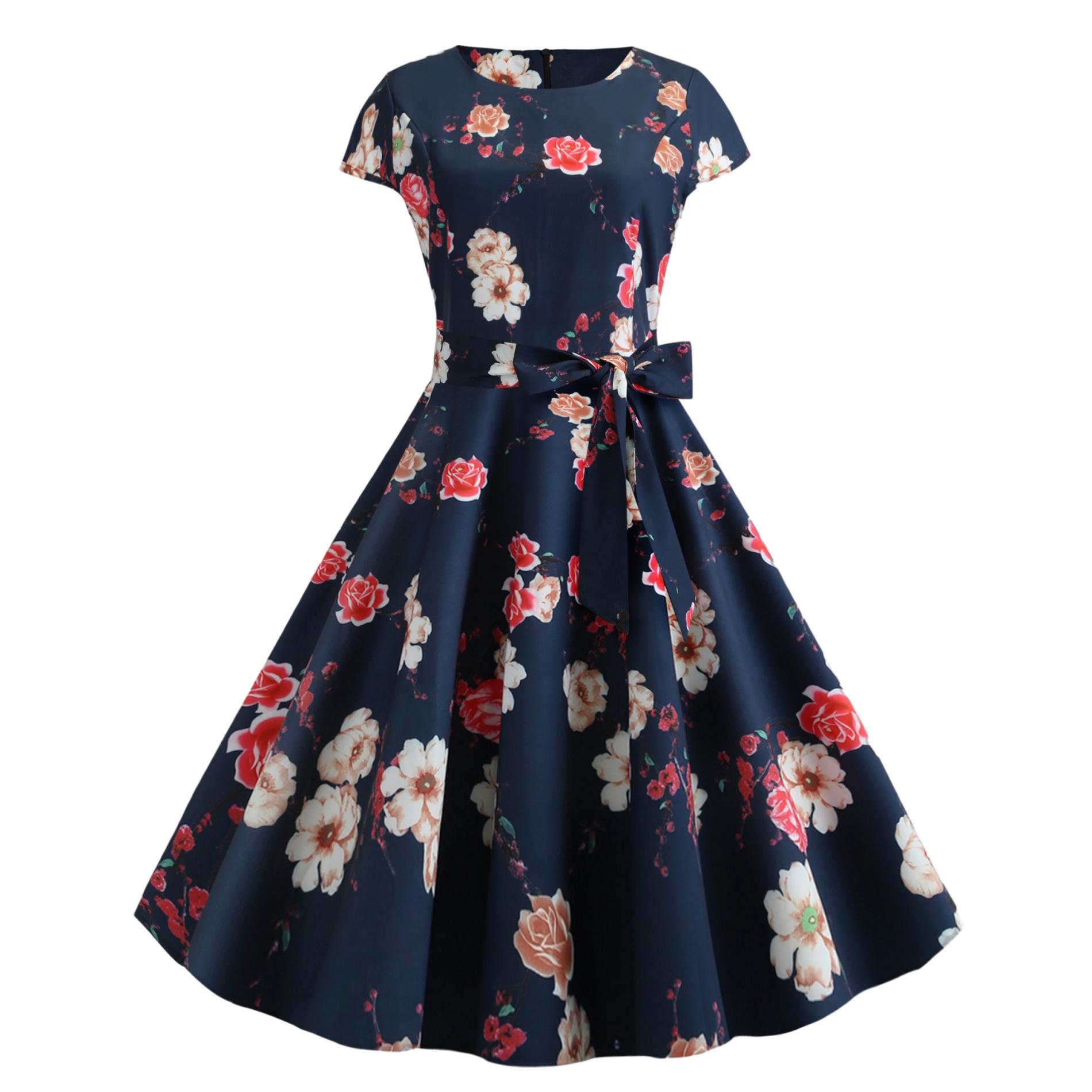 

GMXIA Женское летнее винтажное платье-трапеция с круглым вырезом, рукавами на талии и принтом XXL тёмно-синий