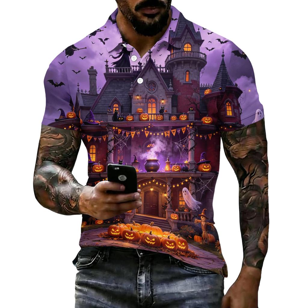 Men's Halloween Print Vintage Texture Short Sleeve Polo Shirt Loose Breathable Summer Sports Street Casual Daily Wear Top
