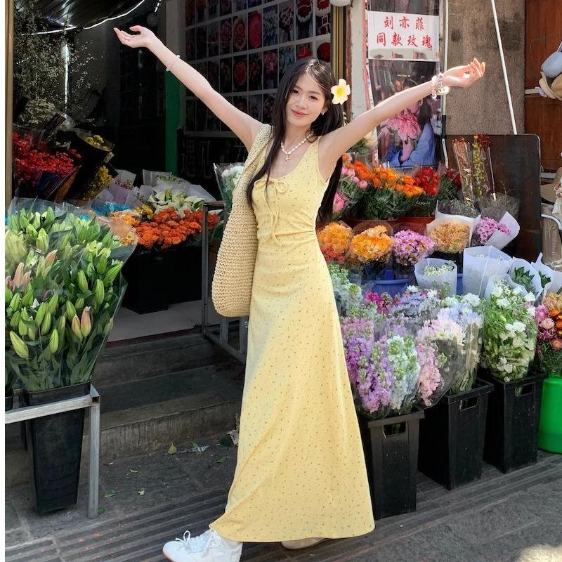 French Floral Bow Lace-up Dress Women's New Summer Temperament Slim and Thin Chic Long Skirt
