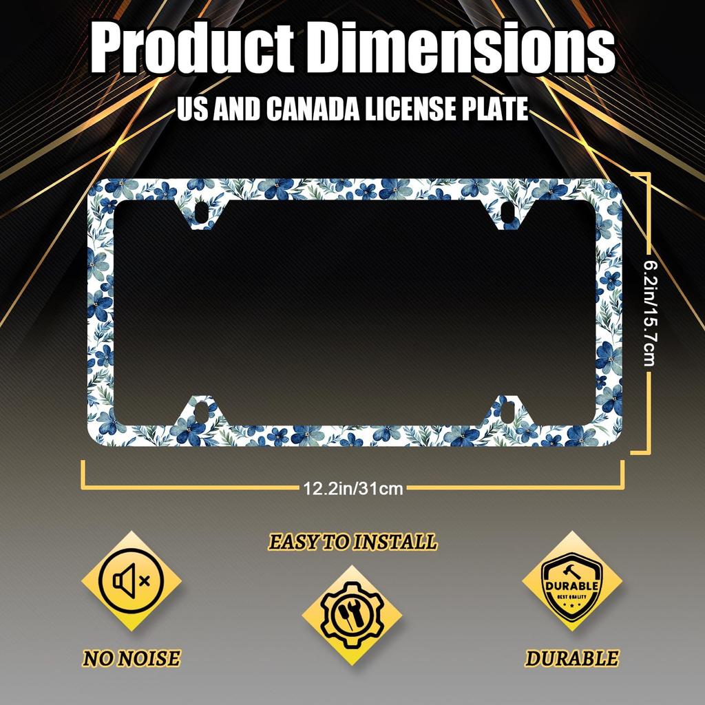 Blue Boho Flowers License Plate Frame Cute Floral License Plate Personalise Auto Parts For Men Women Car Decoration Stainless Steel Funny License